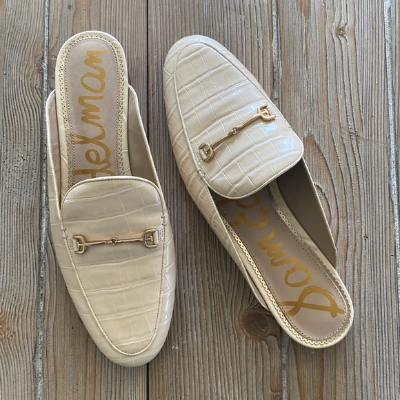 Sam Edelman Linnie Croc-Embossed Leather Bit Mules in Eggshell - Picture 2 of 10